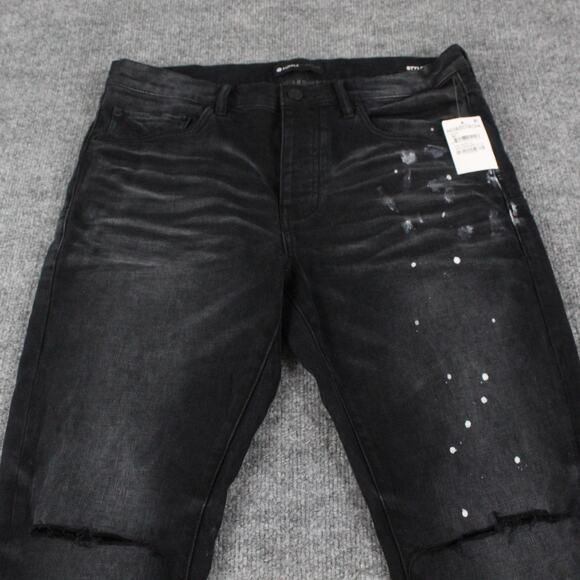 Purple Brand Jeans Mens 33 P001 Low Rise Slim Black Paint Splatter Streetwear - Picture 2 of 16